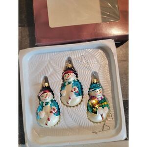 Holiday time snowman broom candy cane blown glass ornament Xmas decor set